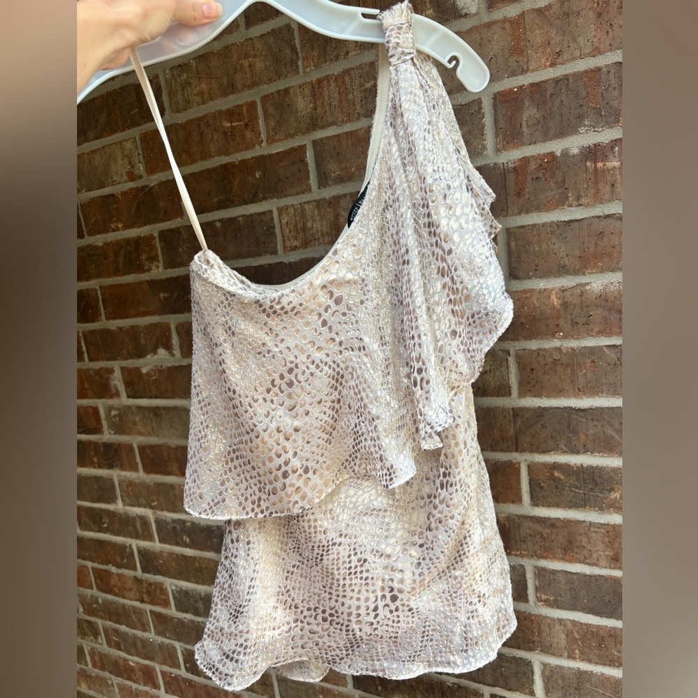 White House Black Market Silk Metallic Snake Print One-Shoulder Top